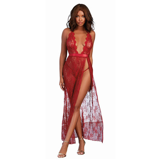 Dreamgirl Lace Gown & G-String – Garnet XL – High Side Slit, Plunging Neckline