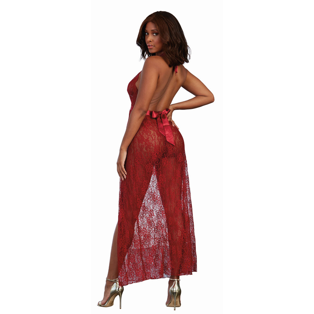 Dreamgirl Lace Gown & G-String – Garnet XL – High Side Slit, Plunging Neckline