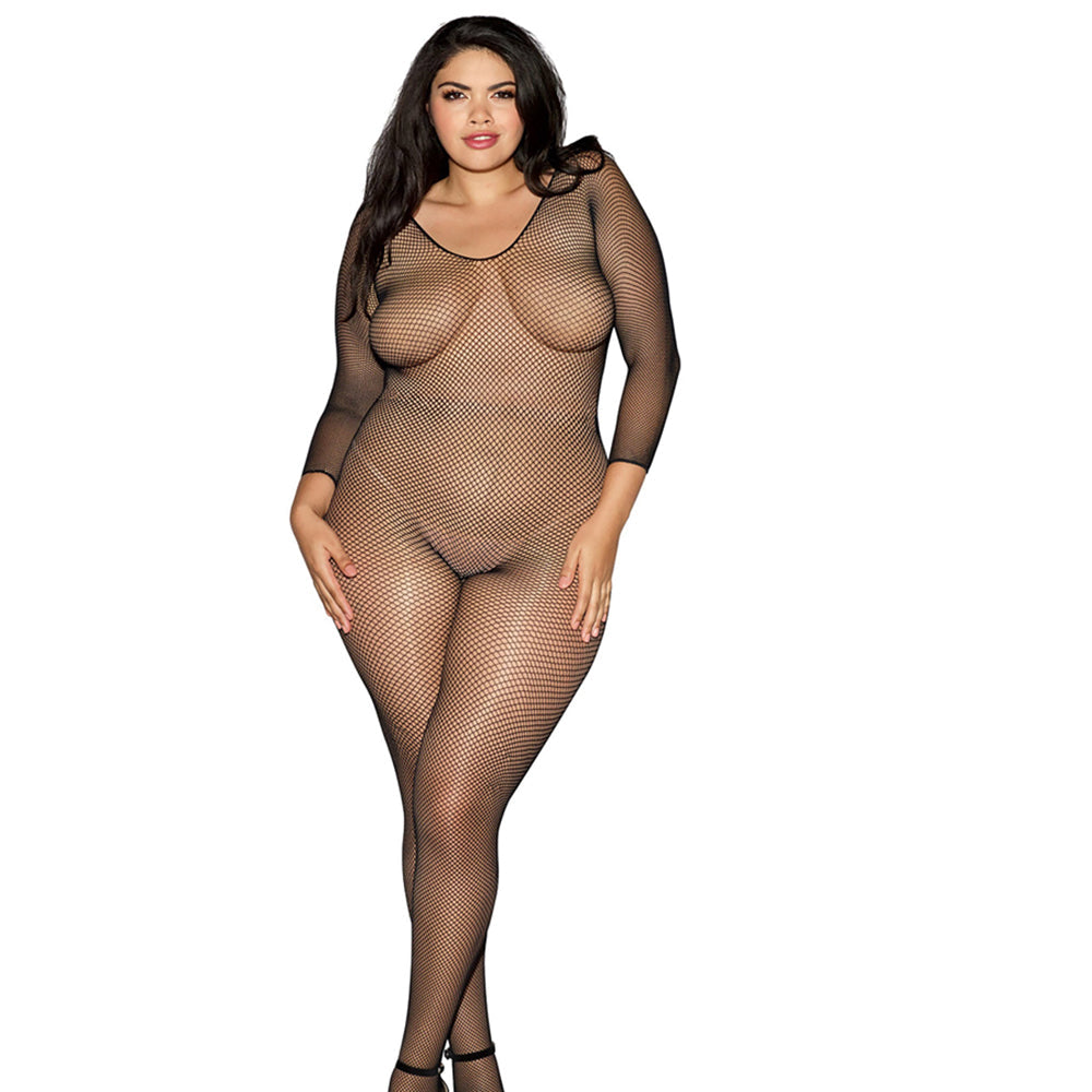 Dreamgirl Longsleeve Fishnet Bodystocking with Open Crotch – Black