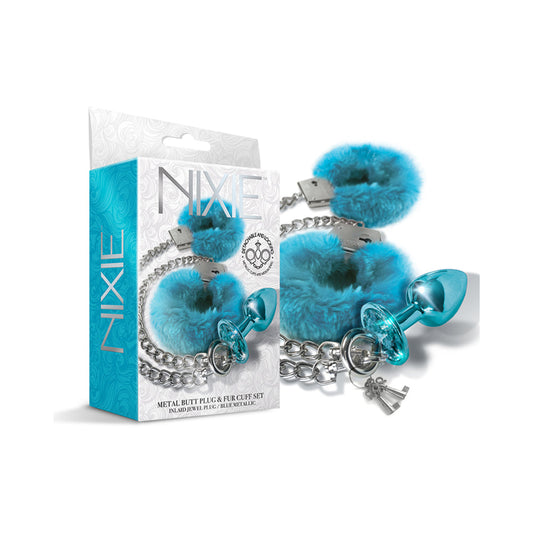 Nixie Metal Butt Plug & Furry Handcuff Set – Medium Blue Metallic