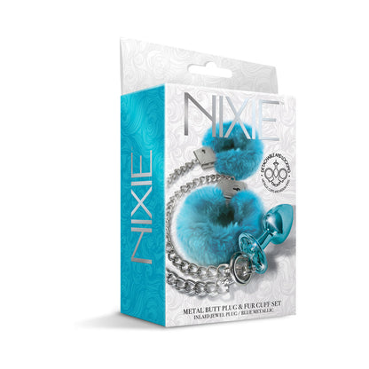 Nixie Metal Butt Plug & Furry Handcuff Set – Medium Blue Metallic