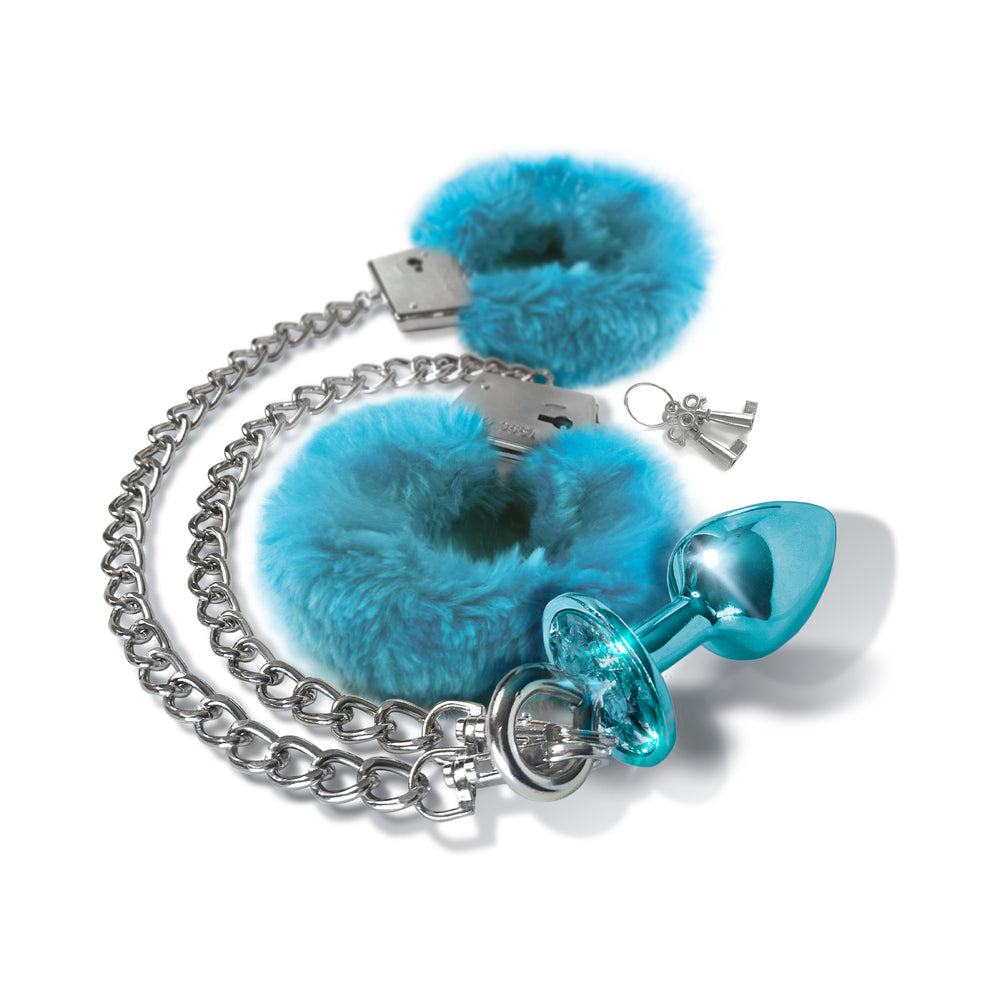 Nixie Metal Butt Plug & Furry Handcuff Set – Medium Blue Metallic