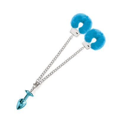 Nixie Metal Butt Plug & Furry Handcuff Set – Medium Blue Metallic