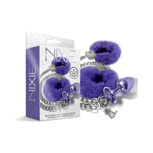 Nixie Metal Butt Plug & Furry Handcuff Set – Medium Purple Metallic
