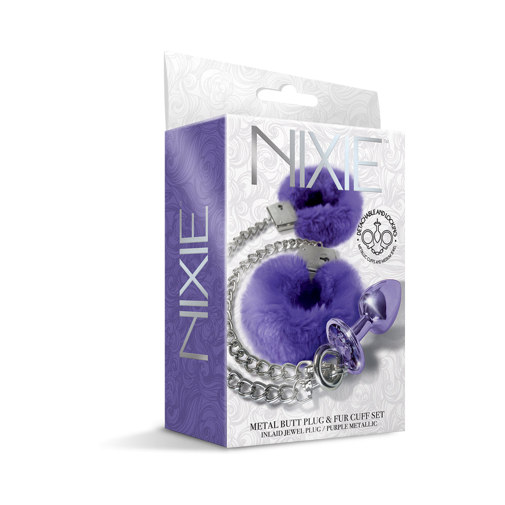 Nixie Metal Butt Plug & Furry Handcuff Set – Medium Purple Metallic