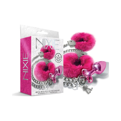 Nixie Metal Butt Plug & Furry Handcuff Set – Medium Pink Metallic