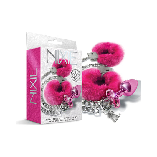 Nixie Metal Butt Plug & Furry Handcuff Set – Medium Pink Metallic