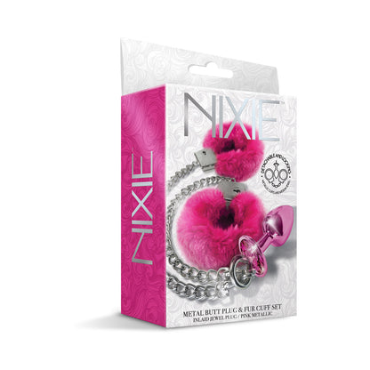 Nixie Metal Butt Plug & Furry Handcuff Set – Medium Pink Metallic
