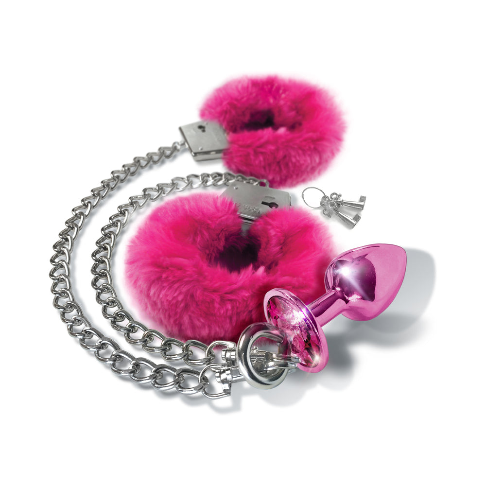 Nixie Metal Butt Plug & Furry Handcuff Set – Medium Pink Metallic