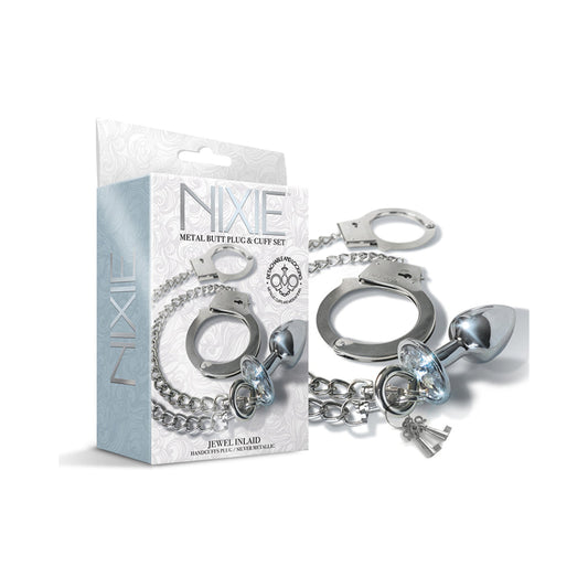Nixie Metal Butt Plug & Handcuffs Set – Silver – Anal Play and Bondage
