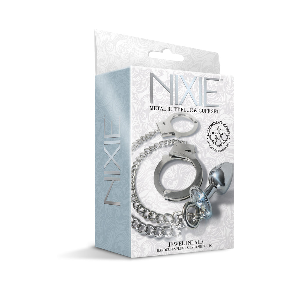 Nixie Metal Butt Plug & Handcuffs Set – Silver – Anal Play and Bondage