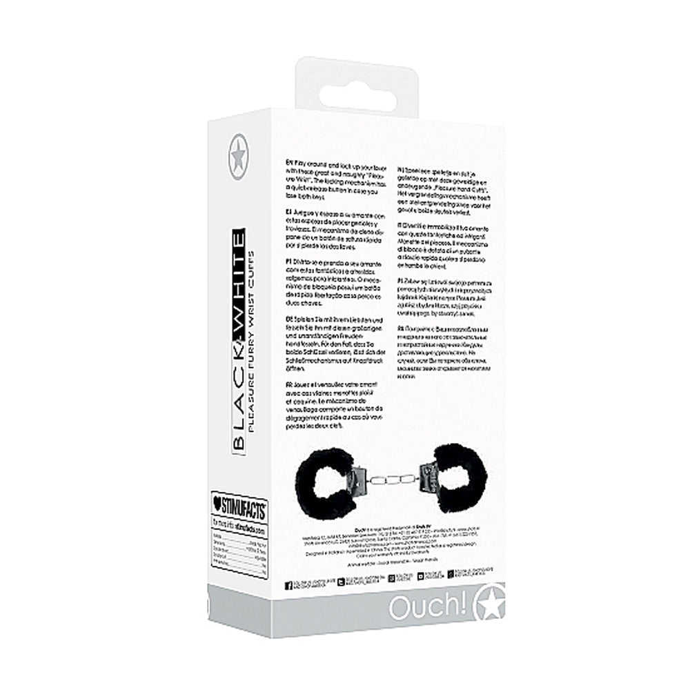 Ouch! Black & White Beginner Pleasure Furry Wrist Cuffs with Quick-Release Button – Black