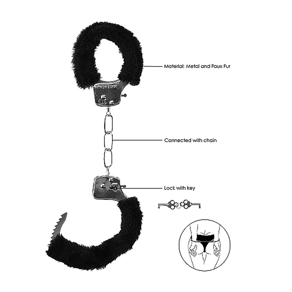 Ouch! Black & White Beginner Pleasure Furry Wrist Cuffs with Quick-Release Button – Black