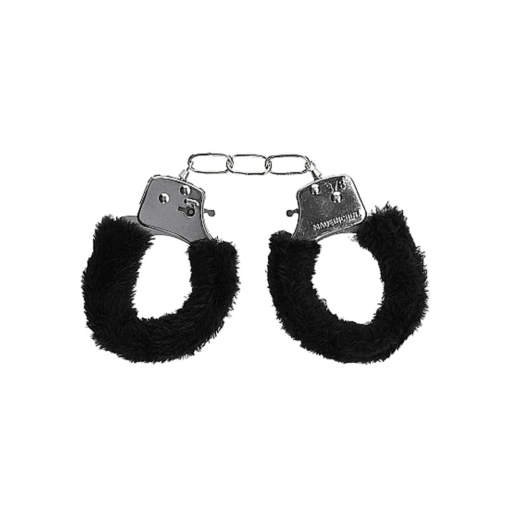 Ouch! Black & White Beginner Pleasure Furry Wrist Cuffs with Quick-Release Button – Black