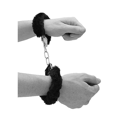 Ouch! Black & White Beginner Pleasure Furry Wrist Cuffs with Quick-Release Button – Black