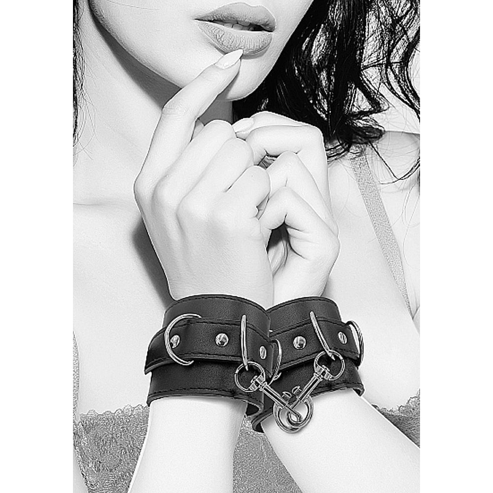Ouch! Black & White Adjustable Bonded Leather Wrist or Ankle Cuffs – Black