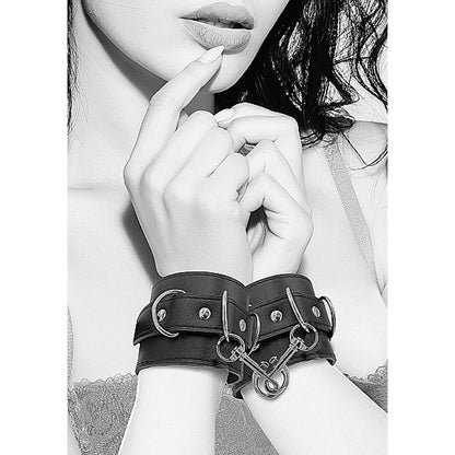 Ouch! Black & White Adjustable Bonded Leather Wrist or Ankle Cuffs – Black