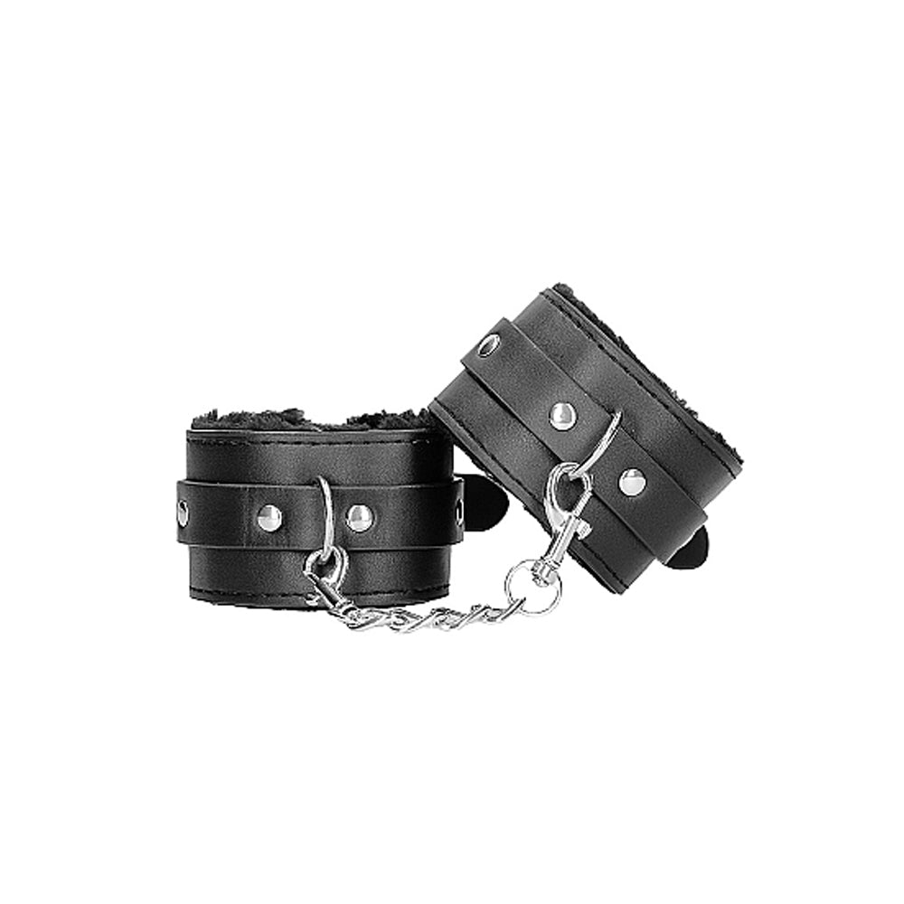 OUCH! Black & White Adjustable Plush Bonded Leather Hand Cuffs - Black