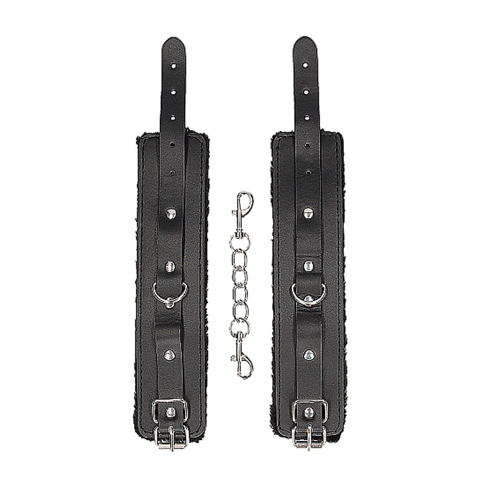 OUCH! Black & White Adjustable Plush Bonded Leather Hand Cuffs - Black