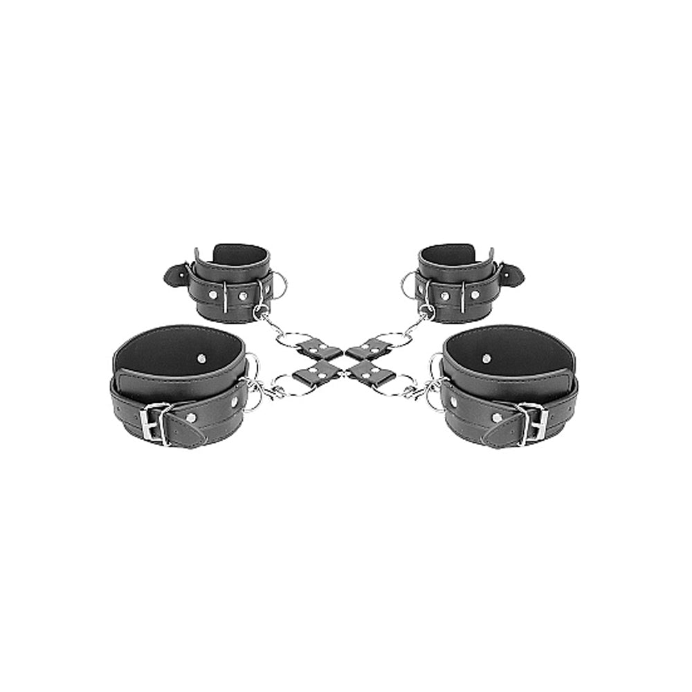 Ouch! Black & White Bonded Leather Hogtie with Hand & Ankle Cuffs – Black