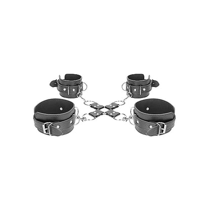 Ouch! Black & White Bonded Leather Hogtie with Hand & Ankle Cuffs – Black