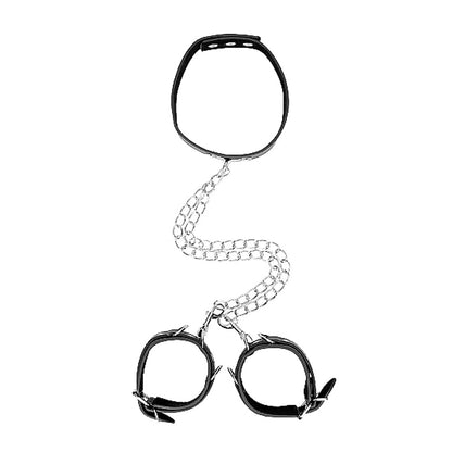 Ouch! Black & White Adjustable Bonded Leather Collar with Handcuffs and Chain - Black