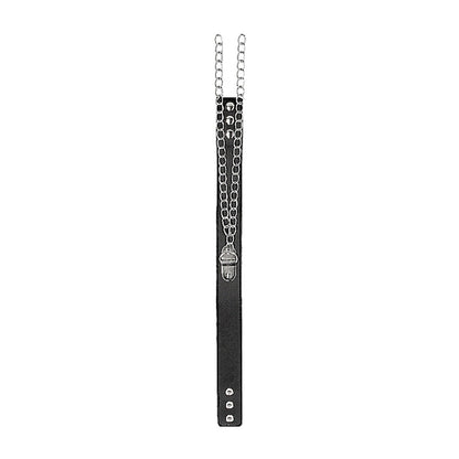 Ouch! Black & White Adjustable Bonded Leather Collar with Handcuffs and Chain - Black