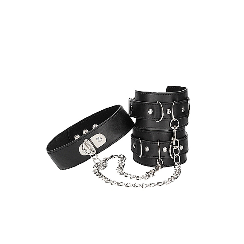 Ouch! Black & White Adjustable Bonded Leather Collar with Handcuffs and Chain - Black