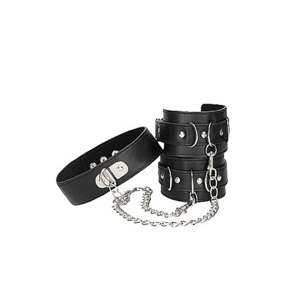 Ouch! Black & White Adjustable Bonded Leather Collar with Handcuffs and Chain - Black