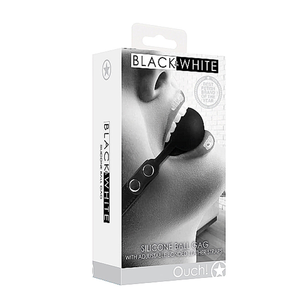 Ouch! Black & White Silicone Ball Gag with Adjustable Bonded Leather Straps - Black