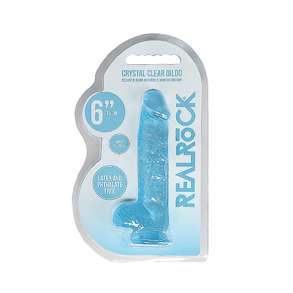 RealRock Crystal Clear 6 in. Realistic Dildo with Balls and Suction Cup - Blue