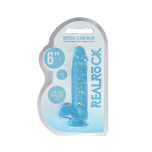 RealRock Crystal Clear 6 in. Realistic Dildo with Balls and Suction Cup - Blue
