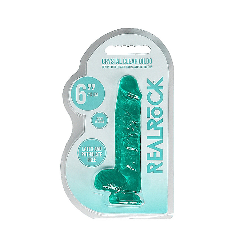 RealRock Crystal Clear 6 in. Dildo with Balls and Suction Cup - Turquoise