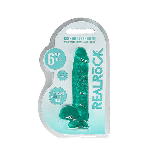 RealRock Crystal Clear 6 in. Dildo with Balls and Suction Cup - Turquoise