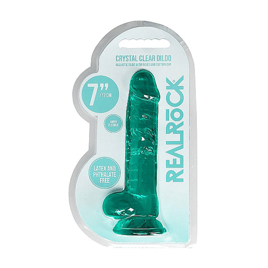 RealRock Crystal Clear 7 in. Dildo with Balls and Suction Cup – Turquoise