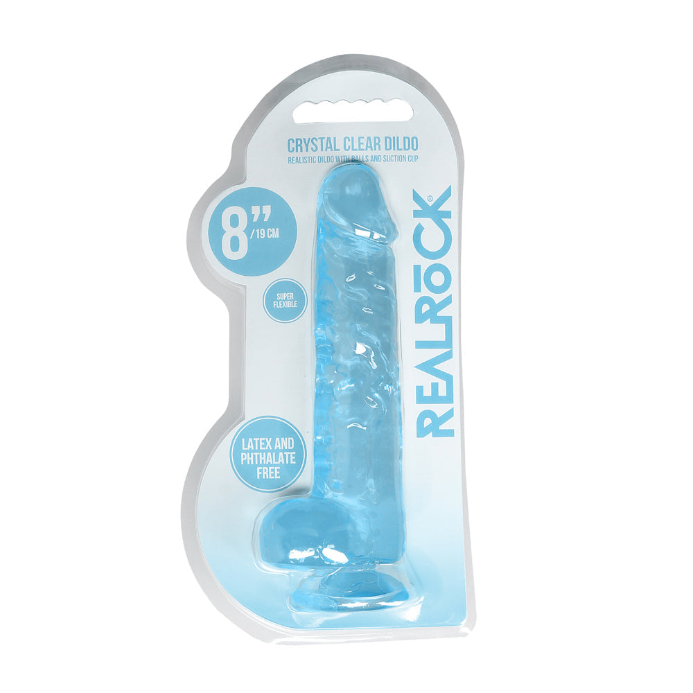 RealRock Crystal Clear 8 in. Dildo with Balls and Suction Cup - Blue