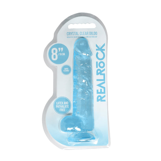 RealRock Crystal Clear 8 in. Dildo with Balls and Suction Cup - Blue