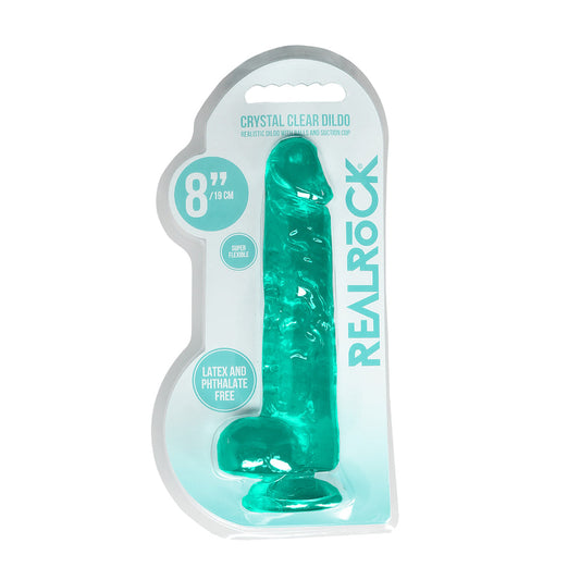 RealRock Crystal Clear 8 in. Dildo with Balls and Suction Cup – Turquoise