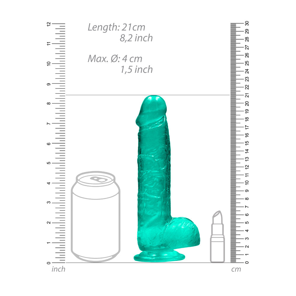 RealRock Crystal Clear 8 in. Dildo with Balls and Suction Cup – Turquoise