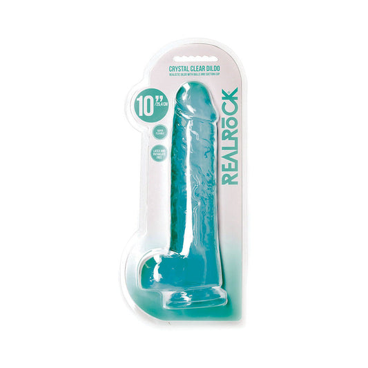 RealRock Crystal Clear 10 in. Dildo with Balls and Suction Cup - Turquoise