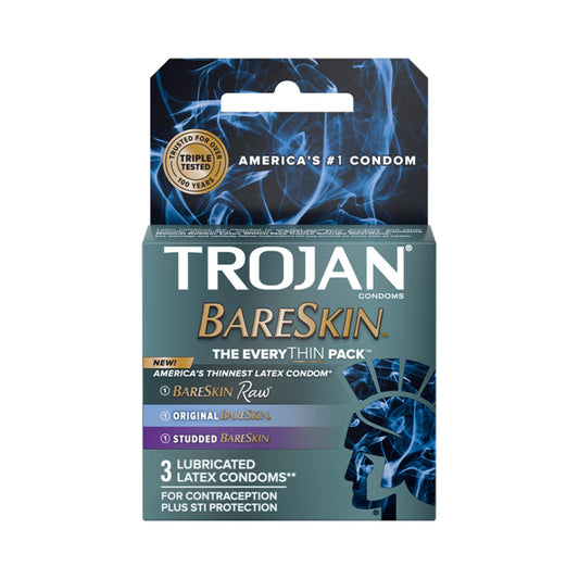 Trojan Bareskin EveryThin 3-Pack - Original, Raw, and Studded Latex Condoms