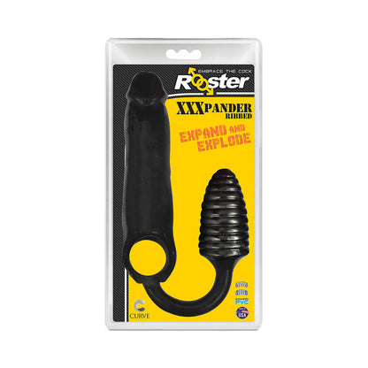 Curve Toys Rooster XXXPANDER Ribbed Penis Extender Sheath with Cockring & Anal Plug - Black