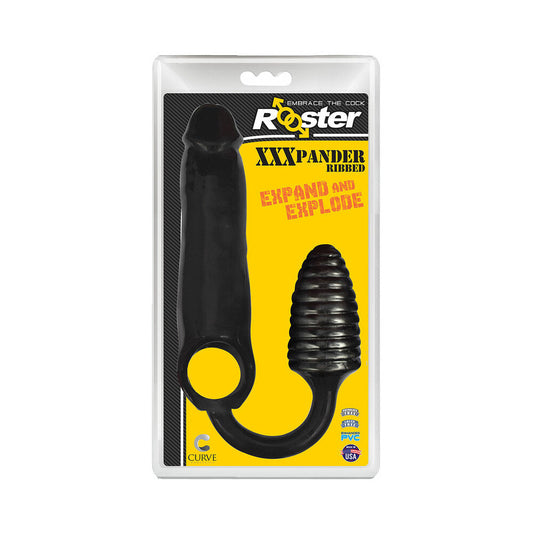 Curve Toys Rooster XXXPANDER Ribbed Penis Extender Sheath with Cockring & Anal Plug - Black