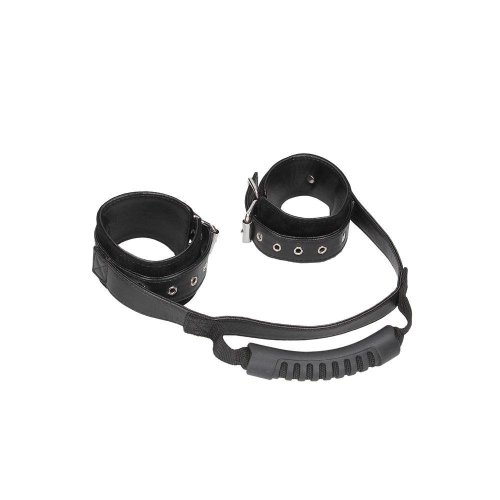 Ouch! Adjustable Bonded Leather Wrist Cuffs with Handle – Black