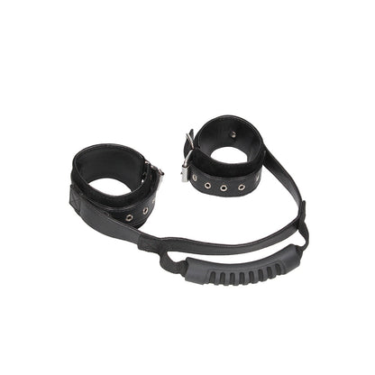 Ouch! Adjustable Bonded Leather Wrist Cuffs with Handle – Black