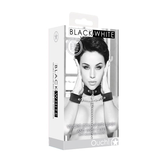Ouch! Black & White Adjustable Velcro Collar with Leash and Wrist Cuffs - Black