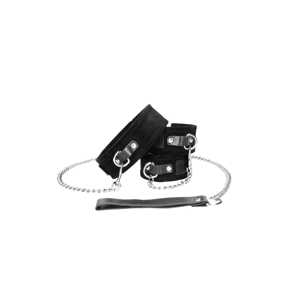 Ouch! Black & White Adjustable Velcro Collar with Leash and Wrist Cuffs - Black
