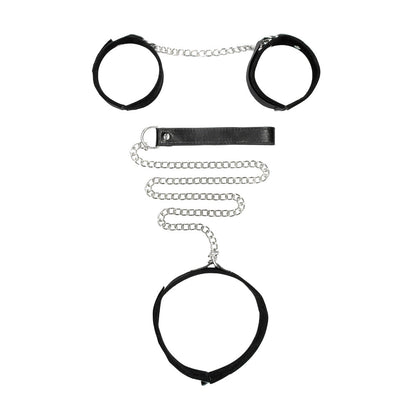 Ouch! Black & White Adjustable Velcro Collar with Leash and Wrist Cuffs - Black