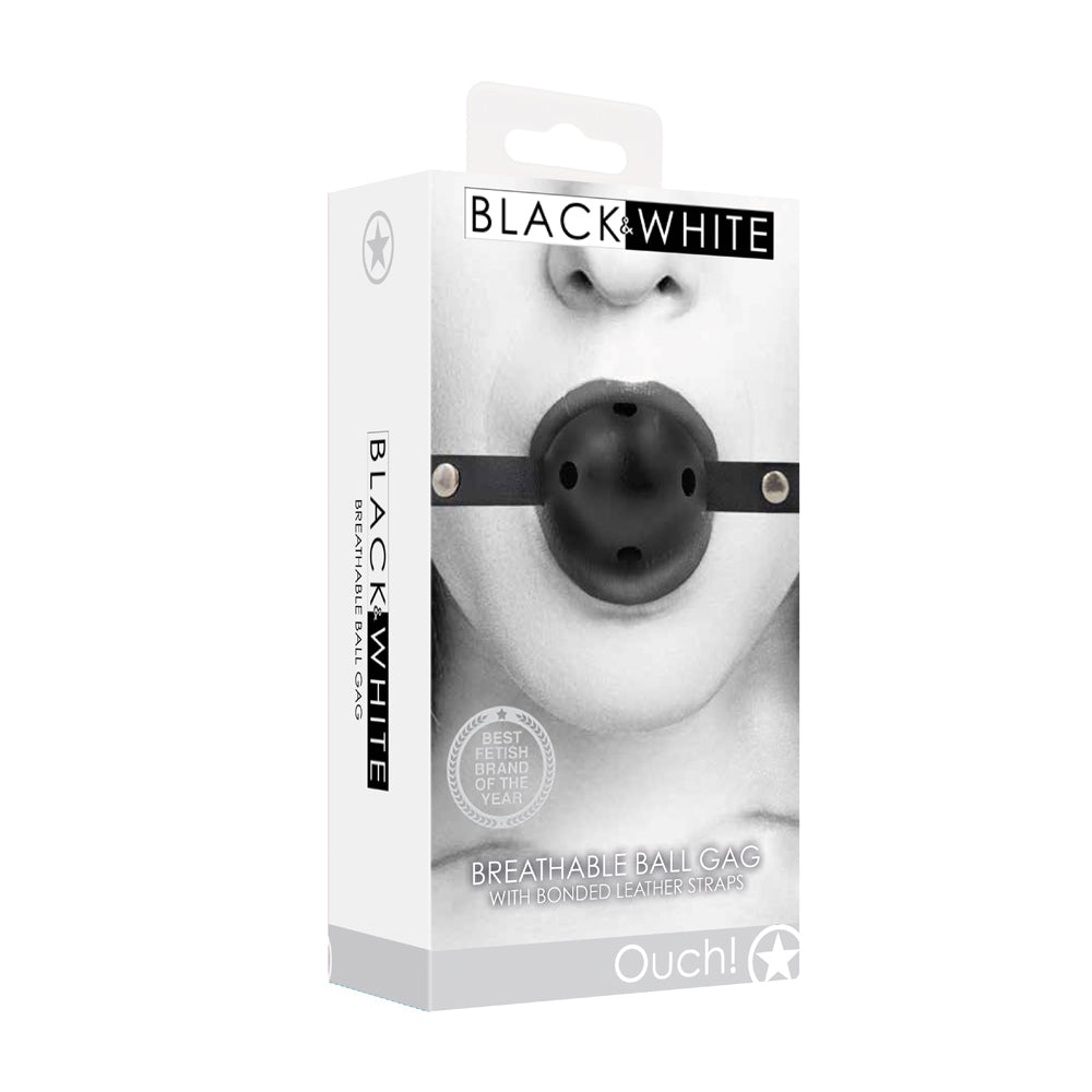 Ouch! Black & White Breathable Ball Gag with Bonded Leather Straps – Black