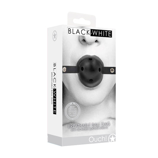 Ouch! Black & White Breathable Ball Gag with Bonded Leather Straps – Black